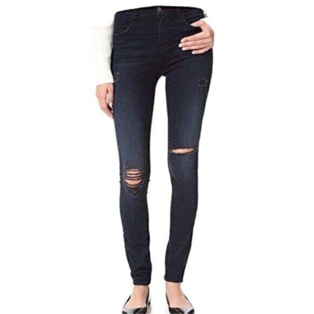 J Brand Maria High Rise Skinny Jeans in Destructed Sanctity Dark Wash